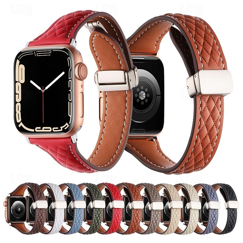 Leather Link Compatible with Apple Watch band 38mm 40mm 41mm 42mm 44mm 45mm 49mm Rugged Magnetic Clasp Luxury Genuine Leather Strap Replacement Wristband for iwatch Ultra 2 Series 9 8 7 SE 6 5 4 3 2 1