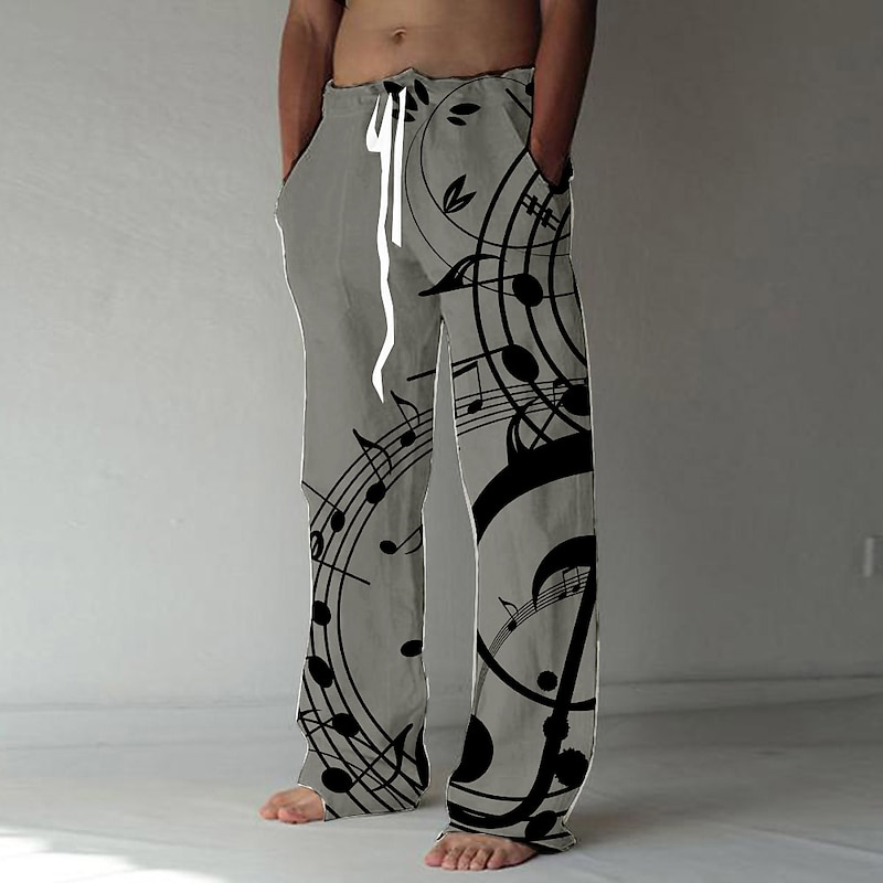 Men's Graphic Prints Musical Instrument Linen Pants Trousers Summer Pants Mid Waist Fashion Streetwear Big and Tall Casual Daily Elastic Drawstring Design Front Pocket Straight Leg Spring & Summer 3D2