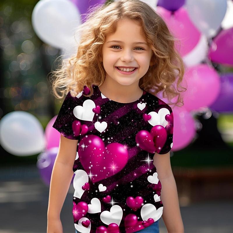 Valentines Girls' 3D Heart Tee Shirt Pink Short Sleeve 3D Print Summer Active Fashion Cute Polyester Kids 3-12 Years Crew Neck Outdoor Casual Daily Regular Fit4