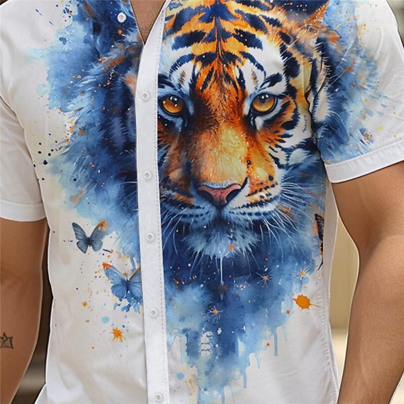 Men's Tiger Button Up Shirt Short Sleeve Vacation Hawaiian Resort Style Outdoor Casual Daily Summer All Seasons Button Up 3D Print Yellow Blue Green3