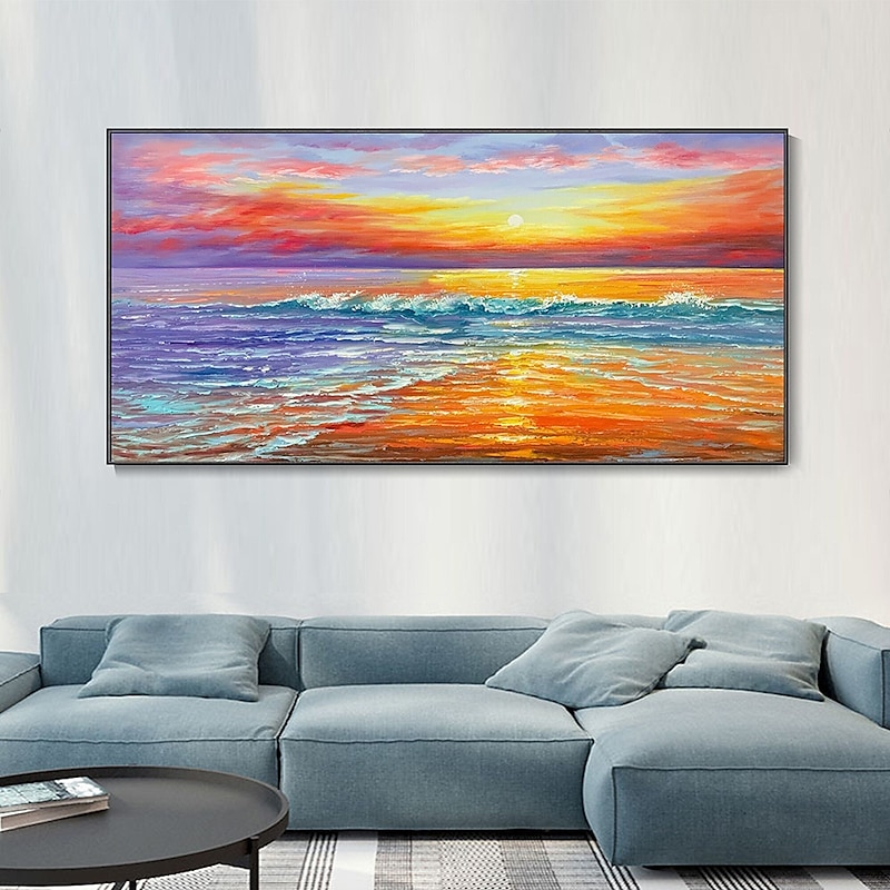 Hand Painted Seascape Sunrise Oil Painting Wall Art Beach Texture Canvas paintingh Wall Art Sea Sunset Cloud Reflection Landscape painting Sofa Background Home Decoration ready to hang or canvas