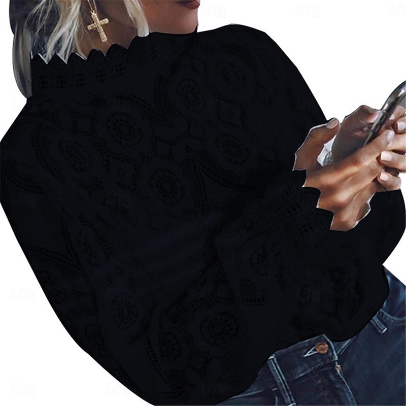 Women's White Elegant Lace Tops Eyelet Blouse Fashion Modern Lace Patchwork Long Sleeve Regular Tops Casual Romantic Petite Tops Summer Holiday Wear Black White2