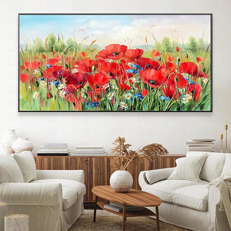 Oil painting hand painted Poppy Field Painting ArtWork handmade Wildflowers Oil Painting Landscape Red Poppies oil Painting for living room bedroom hotel wall home decoration4