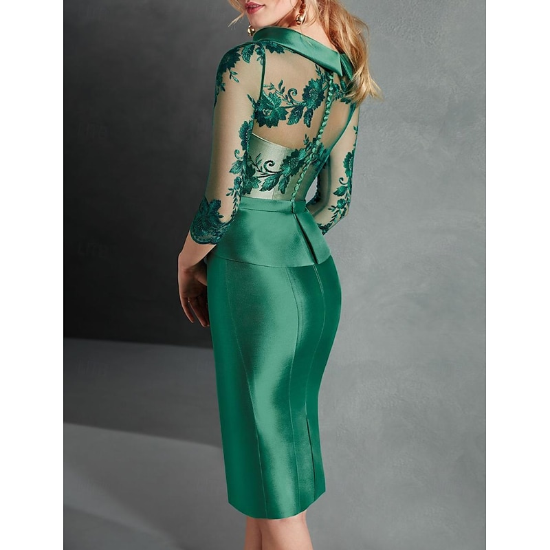 Sheath Mother of the Bride Cocktail Dresses Elegant Dress Engagement Knee Length 3/4 Length Sleeve Jewel Neck Fall Wedding Guest Satin with Buttons Appliques Race Day Dress2