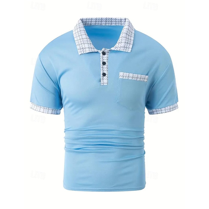 Men's Polo Shirt Button Up Polos Casual Sports Lapel Short Sleeve Fashion Basic Color Block Houndstooth Patchwork Pocket Summer Regular Fit Black White Navy Blue Blue Khaki Polo Shirt2