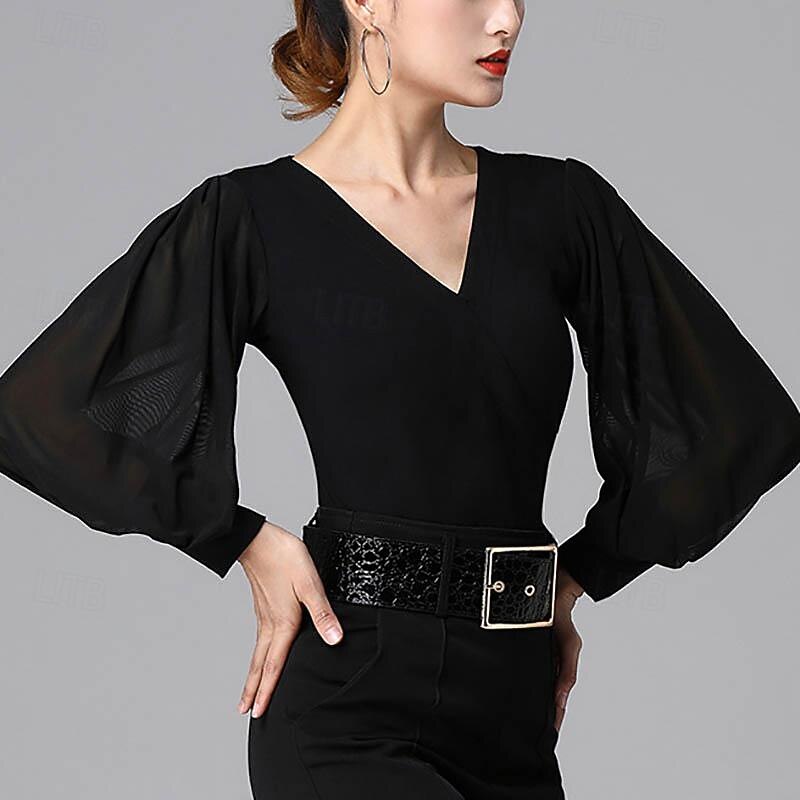 Ballroom Dance Top Pure Color Splicing Tulle Women's Performance Training Long Sleeve High Modal2