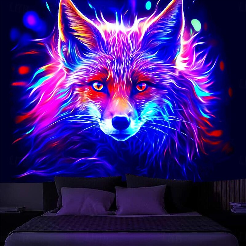 Blacklight Tapestry UV Reactive Glow in the Dark Glow Party Neon Animal Fox Psychedelic Trippy Misty Hanging Tapestry Wall Art Mural for Living Room Bedroom3