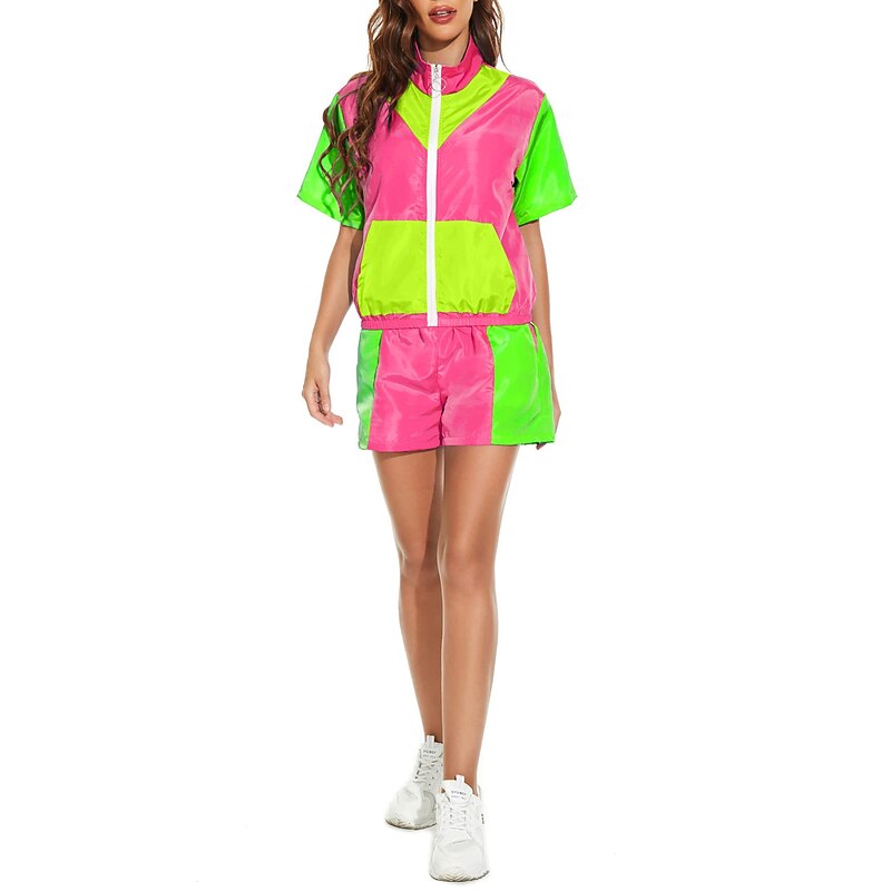 1980s Women's Color Block Windbreaker 2 Piece Outfits Short Sleeve Zip Front Elastic Waist Tracksuit Set4