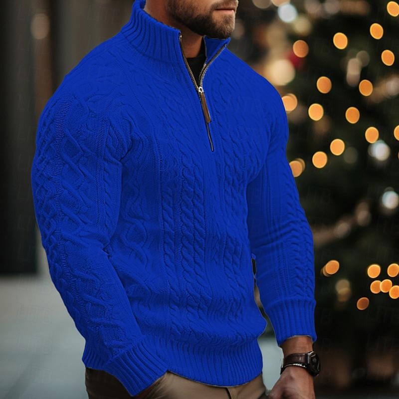 Men's Christmas Sweaters Pullover Sweater Jumper Cable Knit Regular Tops Knitted Quarter Zip Plain Stand Collar Modern Contemporary Xmas Work Clothing Apparel Winter Black White M L XL2