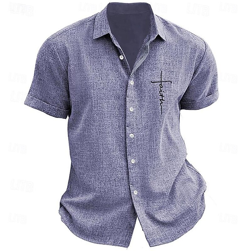 Men's Faith Button Up Shirt Printed Shirts Short Sleeve Business Casual Street Wear to work Going out Summer Turndown Print Button-Down Navy Blue Blue Purple Green Gray4