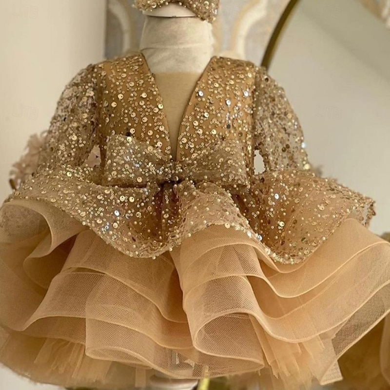 Kids Girls' Party Dress Solid Color 3/4 Length Sleeve Performance Wedding Mesh Princess Sweet Mesh Mid-Calf Sheath Dress Tulle Dress Flower Girl's Dress Summer Spring Fall 2-12 Years Camel2