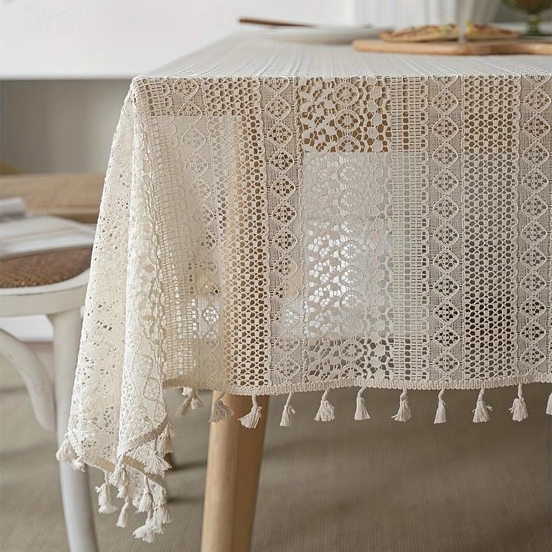 1pc Bohemian Chic Crochet Lace Tablecloth, Farmhouse Style Retro Hollow Out Tablecloth, Suitable For Kitchen Dining, Buffet Table, Holiday Dinner, Party, Banquet, Restaurant, Wedding Food Tablecloth3