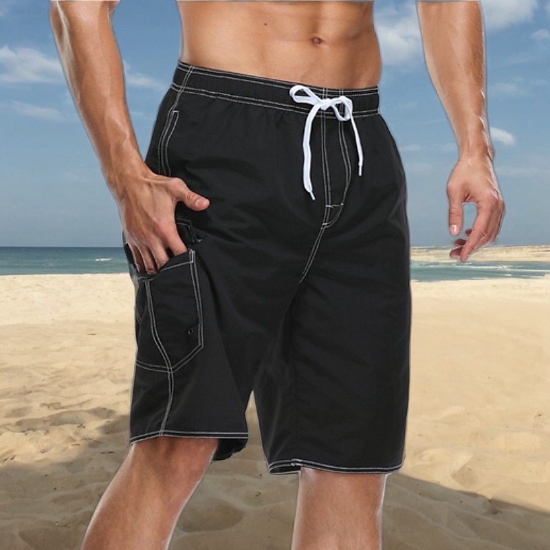 Men's Board Shorts Swim Trunks Going out Weekend Breathable Quick Dry Drawstring Elastic Waist with Pockets Plain Knee Length Gymnatics Casual Activewear Lake blue Black