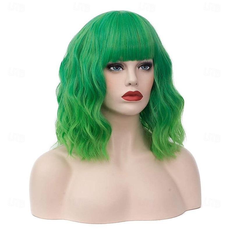 Women's Bright Green Ombre Wig Short Curly Wavy Wig Shoulder Length Flat Bangs Wig For Women Girl Cosplay Party Halloween Wig Cap Included St.Patrick's Day Wigs3