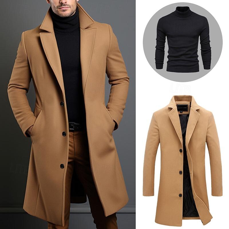 Set with Trench Coat Pullover Men's 2 PCS Outfits Winter Coat Overcoat Daily Wear Winter Thermal Warm Windproof Outerwear Clothing Apparel Fashion Warm Ups Plain Pocket Lapel Single Breasted