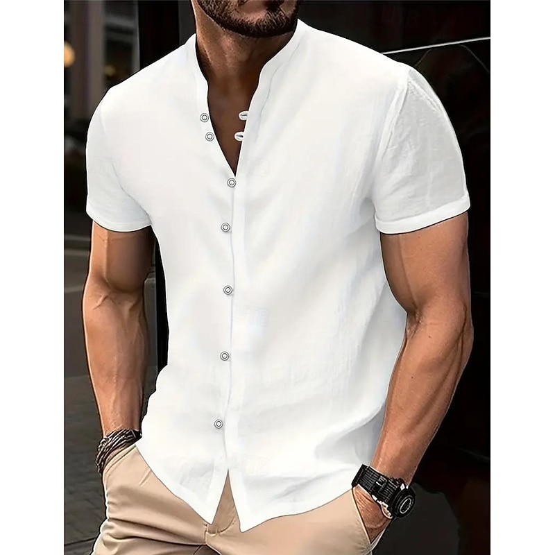 Men's Shirt Linen Shirt Summer Shirt Beach Wear Band Collar Shirt Button Up Shirt Plain Vacation Casual Black White Yellow Blue Short Sleeve Collar Summer Clothing Apparel