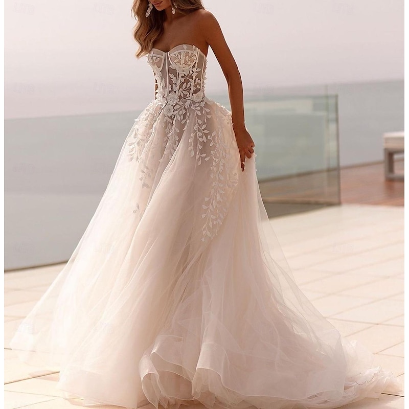 Beach Open Back Formal Wedding Dresses Ball Gown Sweetheart Sleeveless Sweep / Brush Train Tulle Bridal Gowns With Appliques Solid Color 2025 2025 - $