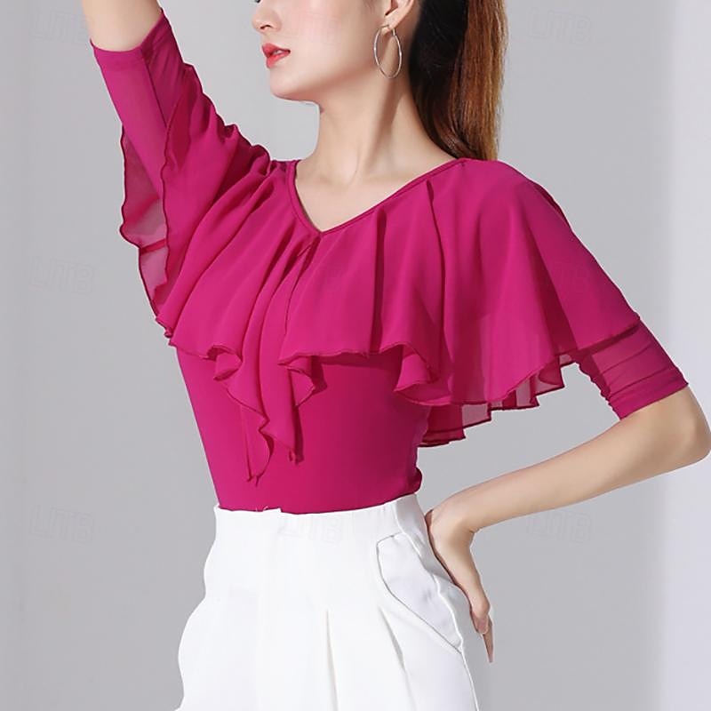 Latin Dance Ballroom Dance Top Ruffles Pure Color Splicing Women's Performance Training Half Sleeve High Polyester / Cotton Blend2