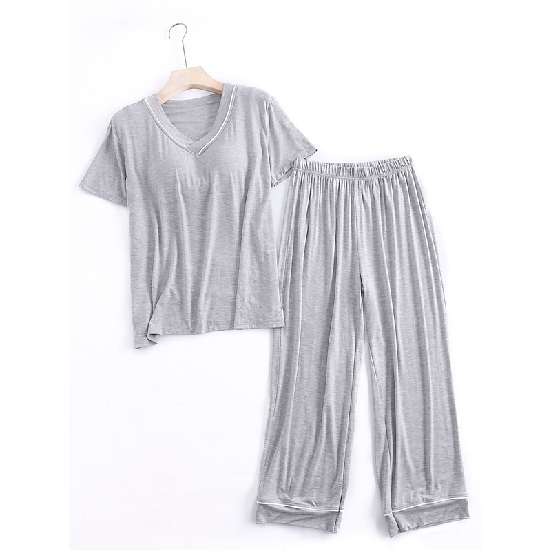 Women's Pajamas Sets Pure Color Fashion Simple Comfort Home Daily Bed Modal Breathable V Wire Short Sleeve T shirt Tee Pant Chest pads Summer Home Outfits
