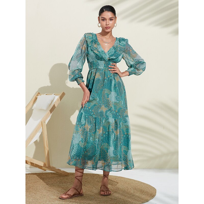 Women's Green Long Sleeve Lines / Waves Round Dots Polka dot print V Neck Puff Sleeve Elastic Waist Spring & Summer Spring and Summer Vacation Dress Elegant Dress Flying Dress Vacation Date Beach S M4