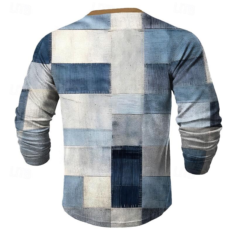 Plaid Men's Fashion Casual 3D Printed Waffle Henley T Shirt Sports Outdoor Holiday Festival T shirt Blue Brown Dark Blue Long Sleeve Henley Shirt Spring &  Fall Clothing2