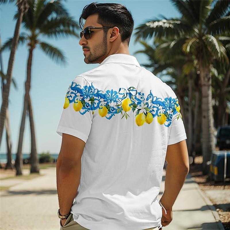 Men's Lemon Shirt Summer Hawaiian Shirt Aloha Shirt Short Sleeve Shirt Turndown Vacation Hawaiian Outdoor Vacation Hawaiian Yellow Blue Orange S M L2