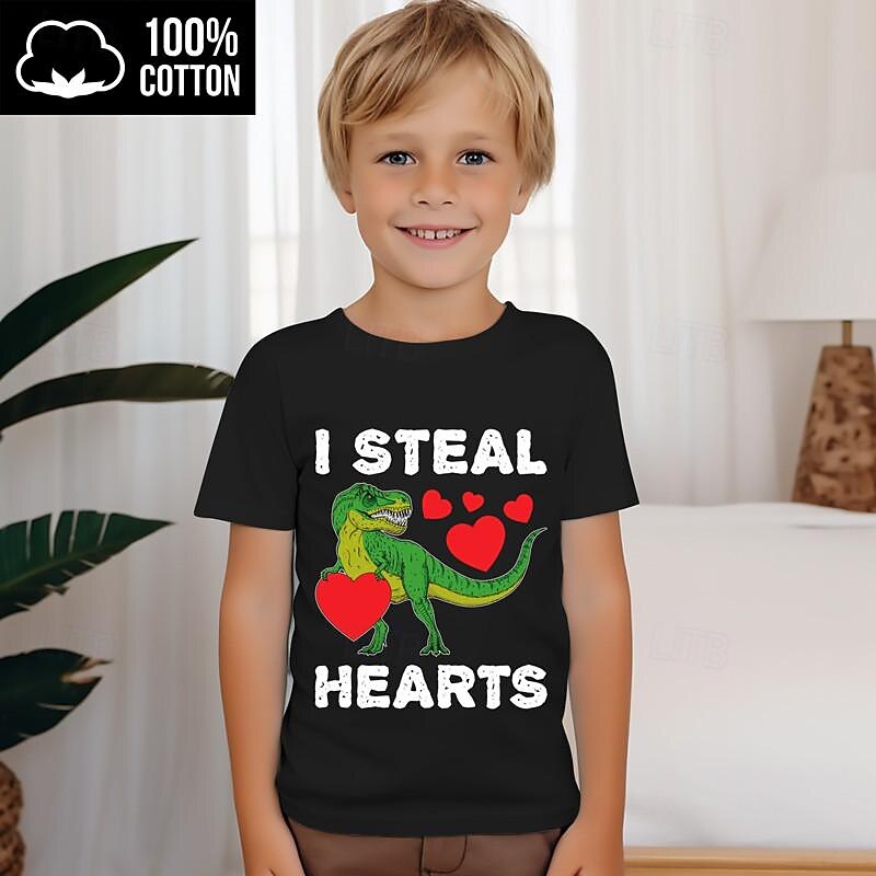 Valentines Boys 3D Heart Dinosaur Letter Tee Shirts Short Sleeve 3D Print Summer Active Sports Fashion 100% Cotton Kids 3-12 Years 4-12 Years Crew Neck Outdoor Casual Daily Regular Fit