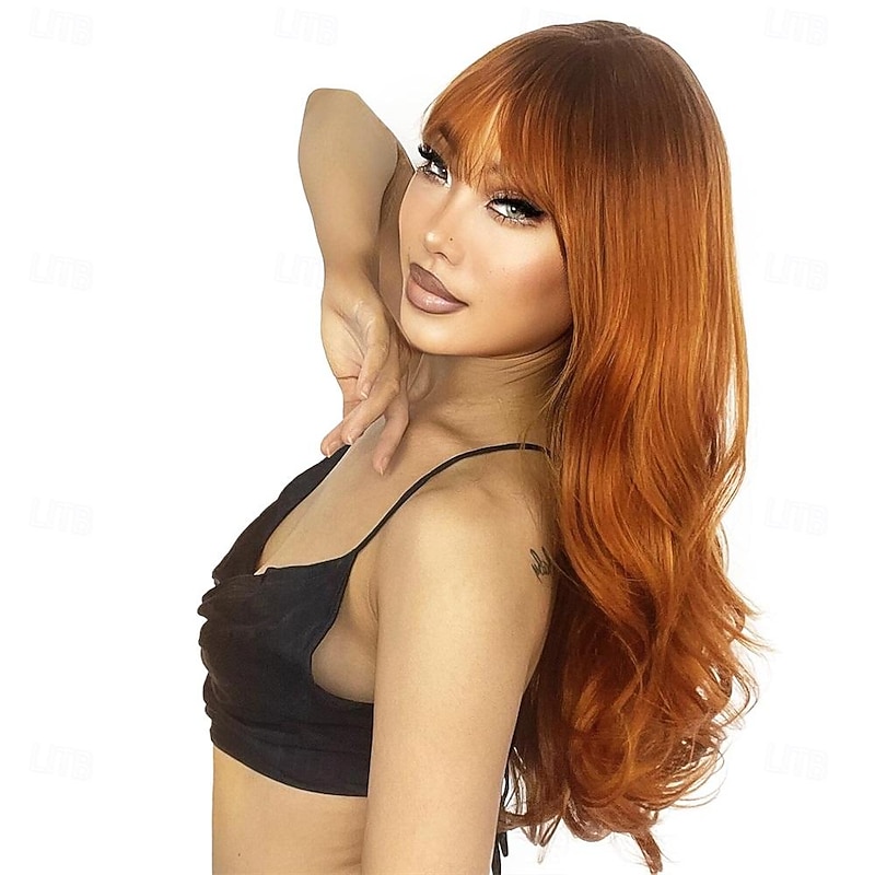 Auburn Wig with Bangs Natural Hair Wigs for Women Long Layered Wig for Girls Dark Roots Copper Red Ombre Wig Heat Resistant Orange Ginger Synthetic Wig Daily Use Redhead Wig 26 Inch3
