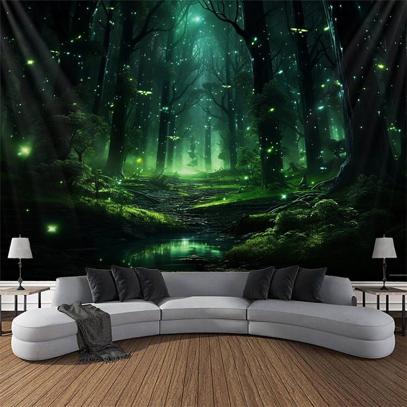 Blacklight Tapestry UV Reactive Glow in the Dark Lamp Post Trippy Misty Nature Landscape Hanging Tapestry Wall Art Mural for Living Room Bedroom Glow Party4