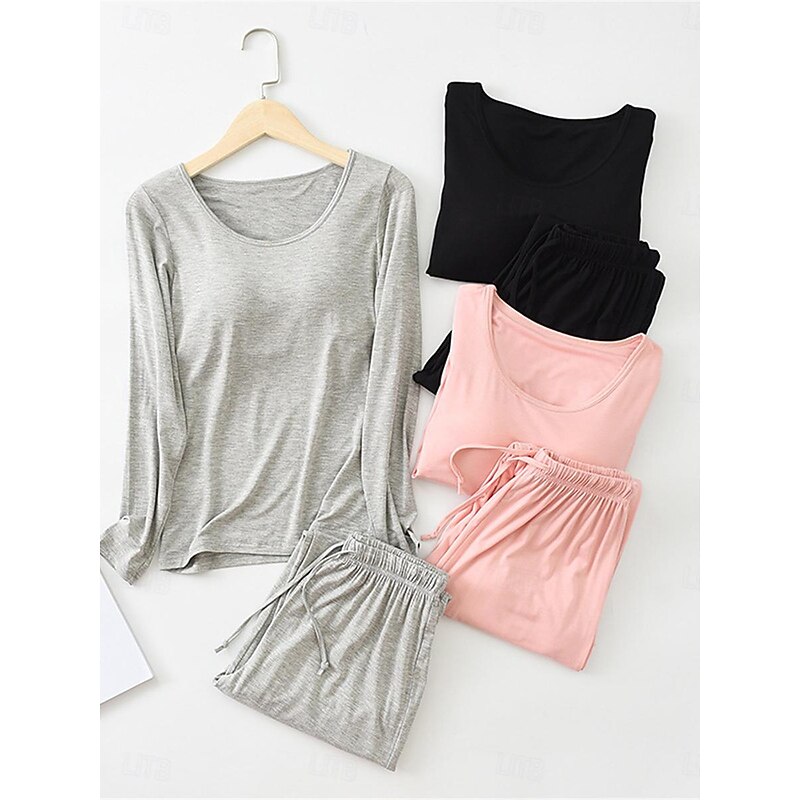 Women's Pajamas Sets Pure Color Simple Comfort Home Daily Bed Modal Breathable Crew Neck Long Sleeve T shirt Tee Pant Elastic Waist Summer Spring Home Outfits2