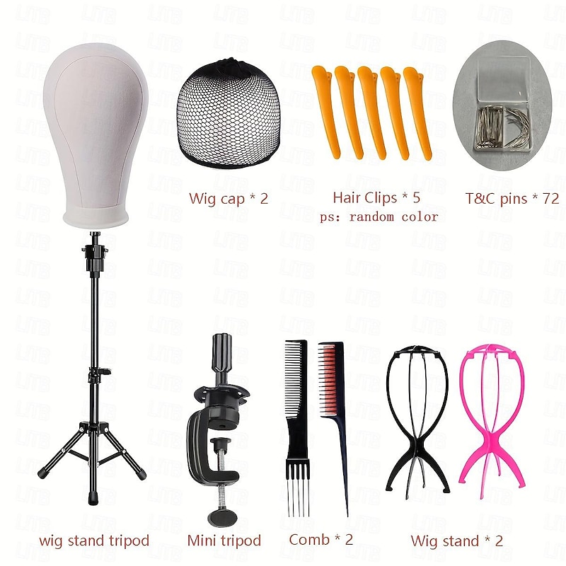 22 Inch Wig Head/ Stand Tripod with Head CanvasMannequin Head for WigsManikin Head Block SetMaking Display with Wig caps70 T &C Pins Set2 Combs2 Wig StandMni Tripod5 Hair Clips2