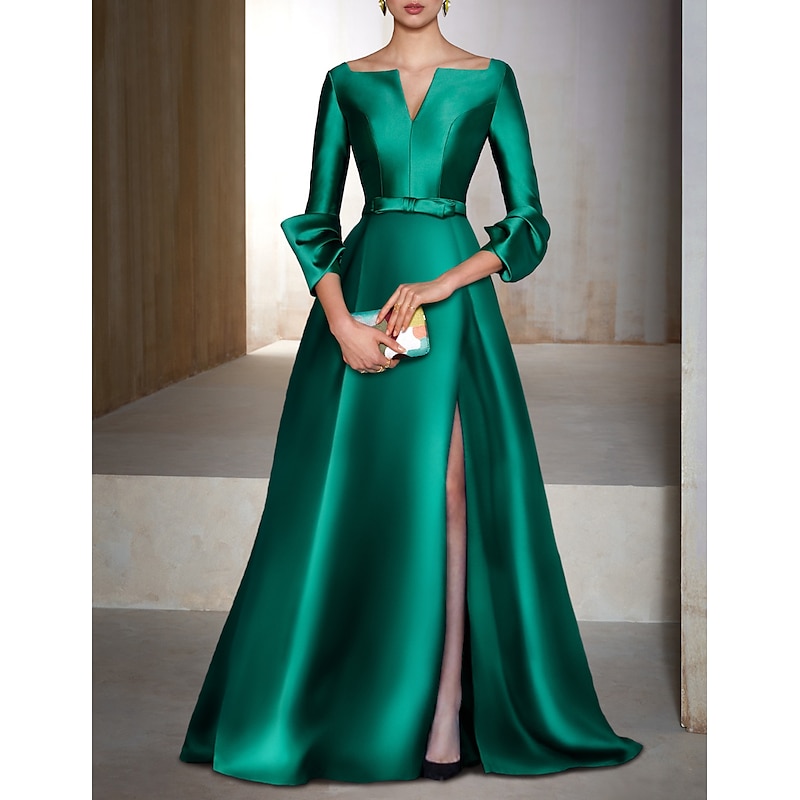 A-Line Chrismas Dress Evening Gown Elegant Wedding Guest Dress Formal Black Tie Cocktail Party Floor Length Long Sleeve V Neck Satin dress to impress