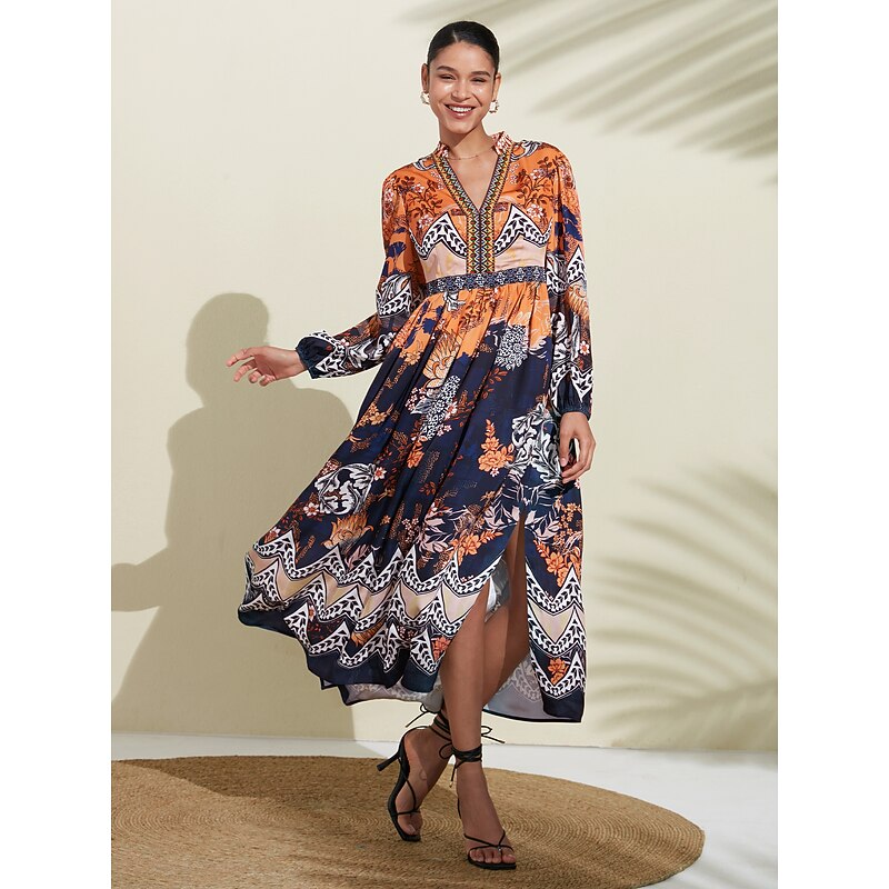 V Neck Print Maxi Wedding Guest Dress4