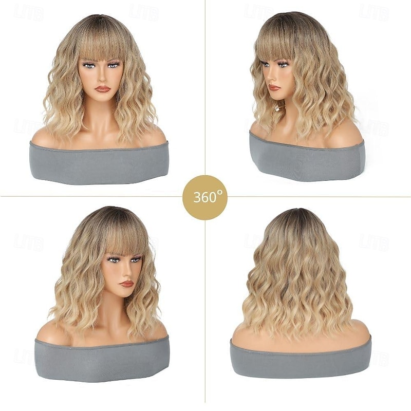 Ombre Blonde Wig with Bangs Short Bob Wavy Wig with Bangs for Women Loose Curly Shoulder Length Wig Synthetic Wig Cosplay Wig for Girl Daily Use Colorful Wig Cosplay Wigs 14 Inch2