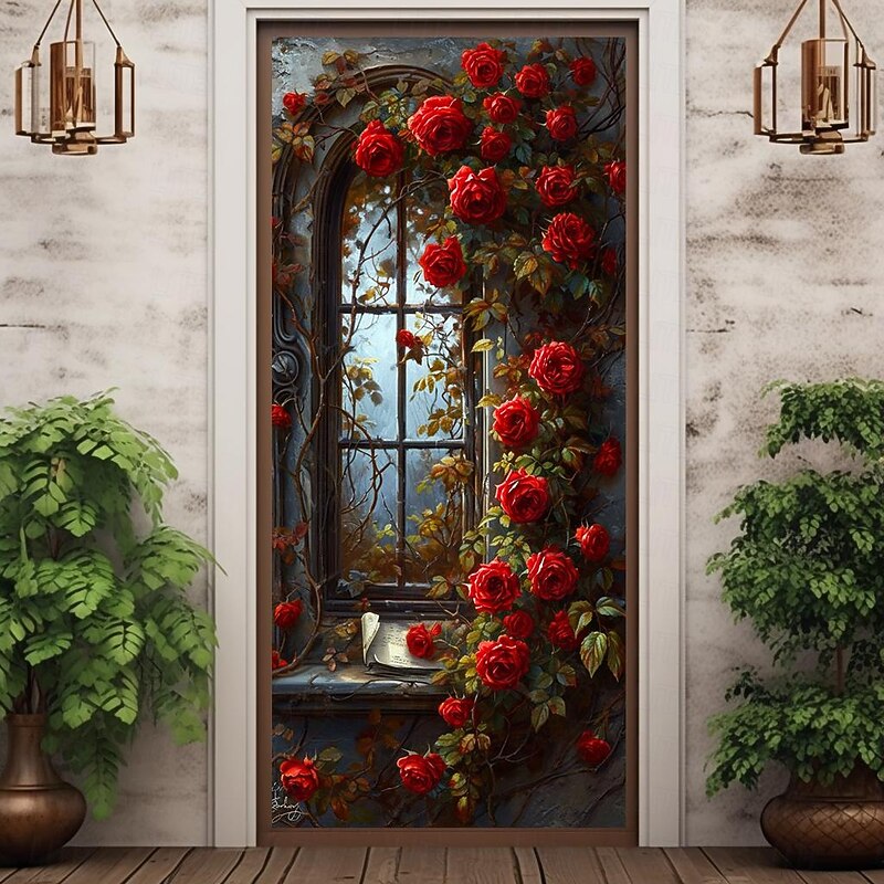 Wedding Outdoor Decorations Door Covers Door Tapestry Door Curtain Decoration Backdrop Indoor/Outdoor Door Banner for Front Door Farmhouse Roses