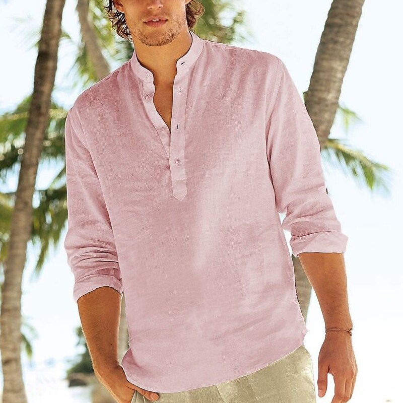 Men's Shirt Linen Shirt Popover Shirt Summer Shirt Beach Wear Band Collar Shirt Plain Vacation Curise White Pink Long Sleeve Standing Collar Spring & Summer Clothing Apparel2