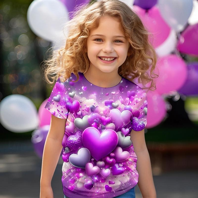 Valentines Girls' 3D Heart Tee Shirt Pink Short Sleeve 3D Print Summer Active Fashion Cute Polyester Kids 3-12 Years Crew Neck Outdoor Casual Daily Regular Fit3