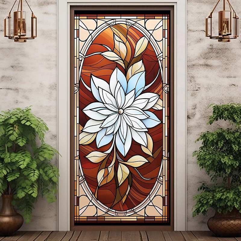 Stained Glass Flower Door Covers Mural Decor Door Tapestry Door Curtain Decoration Backdrop Door Banner Removable for Front Door Indoor Outdoor Home Room Decoration Farmhouse Decor Supplies