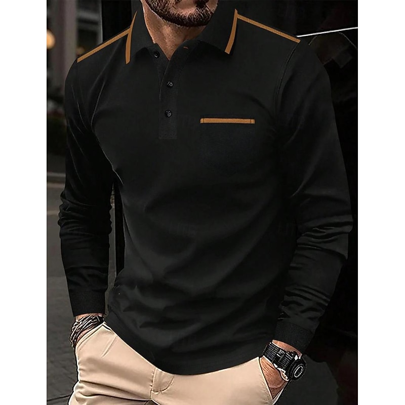 Men's Polo Shirt Button Up Polos Casual Sports Lapel Long Sleeve Fashion Basic Color Block Patchwork Button Spring &  Fall Regular Fit Black Polo Shirt