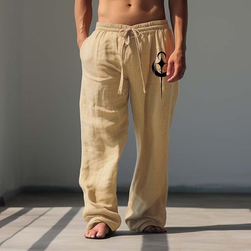 Men's Graphic Moon Anchor Linen Pants Pants Trousers Baggy Pants Mid Waist Casual Vacation Daily Wear Going out Spring Fall White Blue Green4