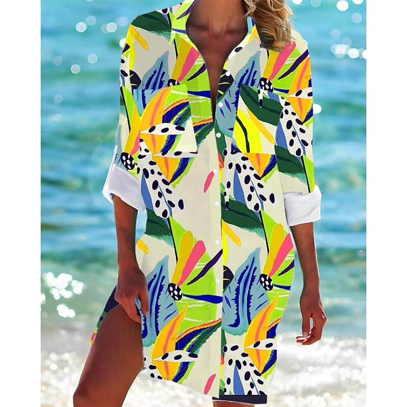Women's Mini Dress Shirt Dress Hawaiian Shirts  Flowy  Fashion Buttons Print Long Sleeve Long  Shirt Collar Casual Holiday Beach Yellow Red Blue Purple Green Summer Holiday Clothes Beach Wear3