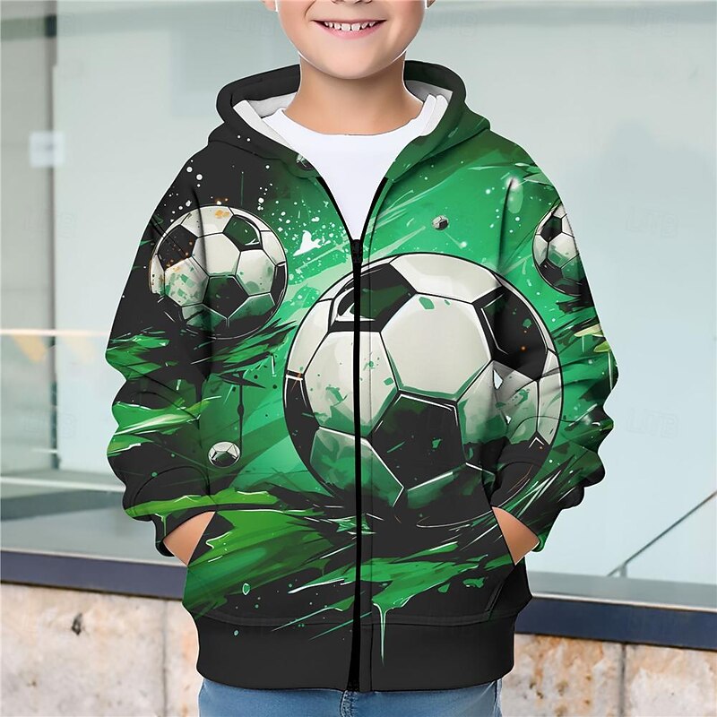 Boys 3D Football Hoodie Coat Outerwear Long Sleeve Fall Winter Active Streetwear Cool Kids 3-12 Years Zip Street Daily Regular Fit