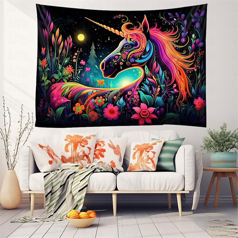 Blacklight Tapestry UV Reactive Glow in the Dark Glow Party Neon Unicorn Animal Psychedelic Trippy Misty Hanging Tapestry Wall Art Mural for Living Room Bedroom4