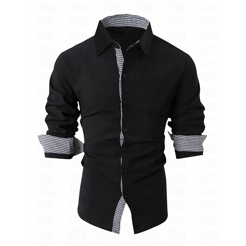 Men's Shirt Summer Shirt Dress Shirt Button Up Shirt Casual Shirt Black White Blue Long Sleeve Color Block Houndstooth Lapel Daily Vacation Front Pocket Clothing Apparel Cotton Cotton Blend Fashion2