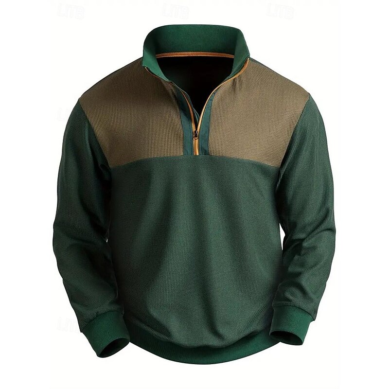 Men's Waffle Polo Shirt Quarter Zip Polo Daily Wear Vacation Lapel Long Sleeve Fashion Comfortable Color Block Patchwork Spring &  Fall Regular Fit Green Waffle Polo Shirt2