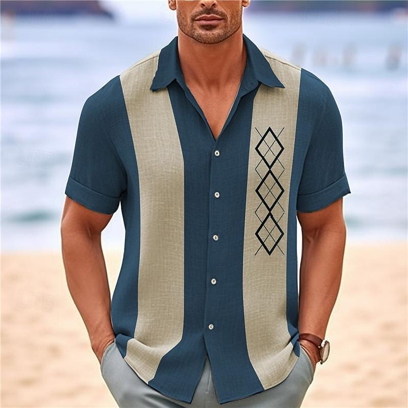 Men's Stripe Geometric Pattern Shirt Bowling Shirt Button Up Shirt Short Sleeve Casual Daily Wear Going out Weekend Summer Turndown Print Button-Down Navy Blue Brown Green3
