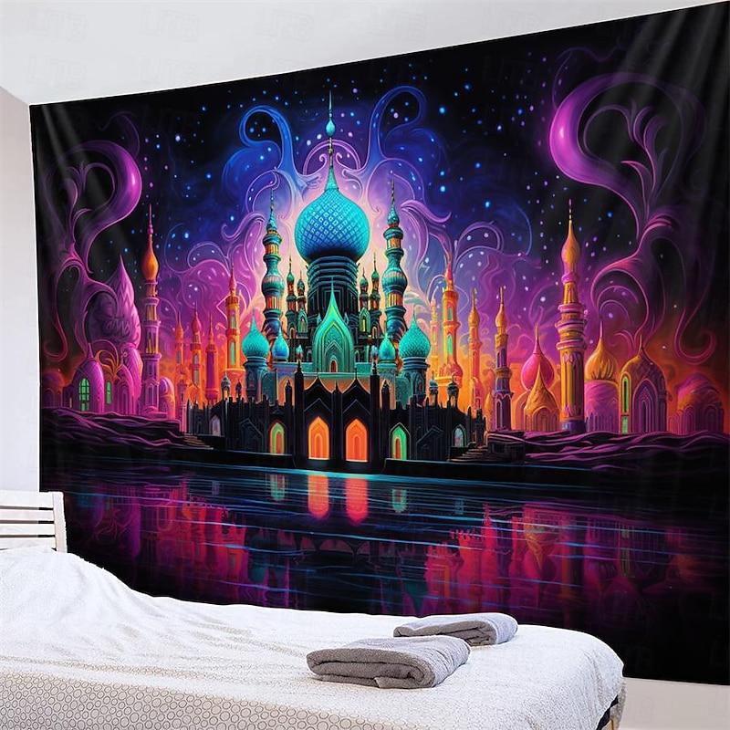 Ramadan Mosque Blacklight Tapestry UV Reactive Glow in the Dark Trippy Misty Nature Landscape Hanging Tapestry Wall Art Mural for Living Room Bedroom4