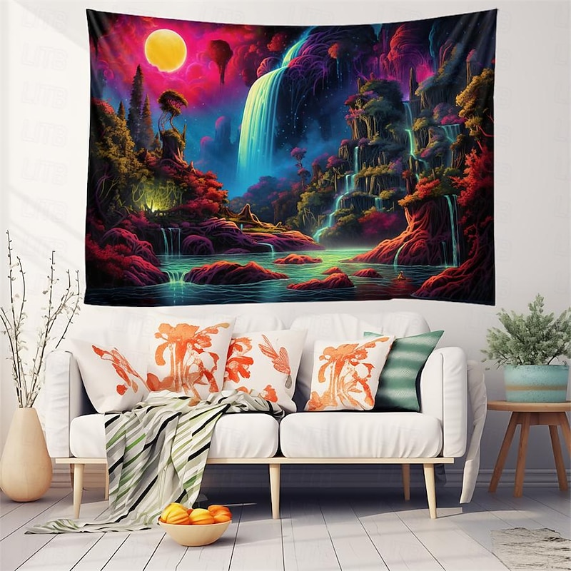 Blacklight Tapestry UV Reactive Glow in the Dark Glow Party Neon Wonderland Waterfall Psychedelic Trippy Misty Hanging Tapestry Wall Art Mural for Living Room Bedroom4
