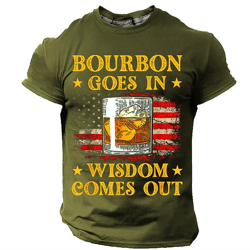 Men's Funny Bourbon Graphic T-Shirt - 'Bourbon Goes In Wisdom Comes Out' Patriotic American Flag Tee2