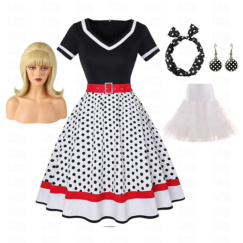 Retro Vintage 1950s Rockabilly Petticoat Hoop Skirt A-Line Dress Tutu Flare Dress Audrey Hepburn Women's Cosplay Costume Party / Evening Masquerade Dress With Costume Wig3